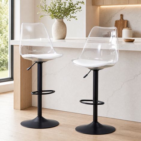 Taburete de bar transparente de plástico y metal negro, altura regulable, giratorio 360°, 45,7 cm