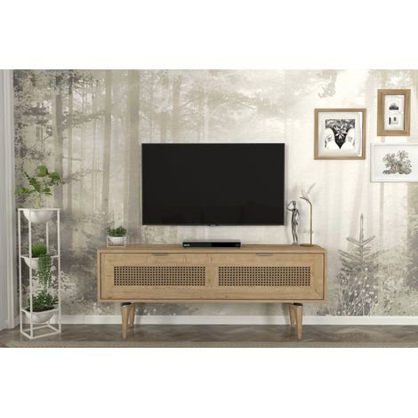 Meuble TV porte avec cannage Aste 140cm Chêne clair (1/5)