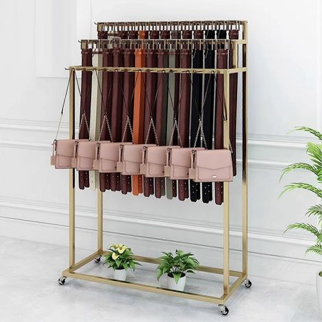 Présentoir à ceintures et cravates à 3 niveaux avec roulettes porte-foulards en métal pour commerce ou usage domestique doré 80 x 40 x 150 cm (1/5)