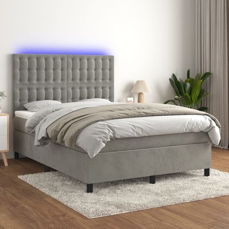 Lit Adulte - Sommier tapissier matelas et LED - Ensemble de lit tapissier - Chambre Intérieur Gris clair 140x200 cm Velours XRKJY2021983 (1/5)