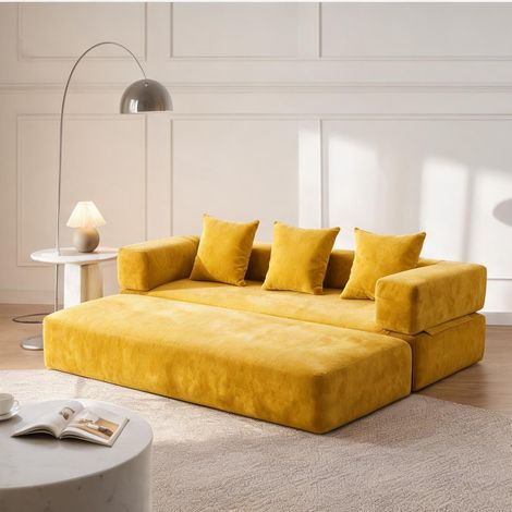 Canapé modulaire en velours côtelé jaune moutarde en chenille (1/5)