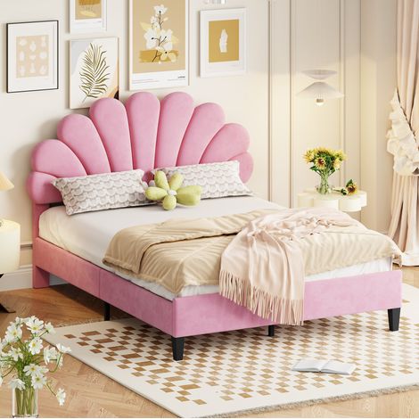 Letto imbottito 140x200 cm rosa, rivestimento in velluto con testiera floreale (1/5)