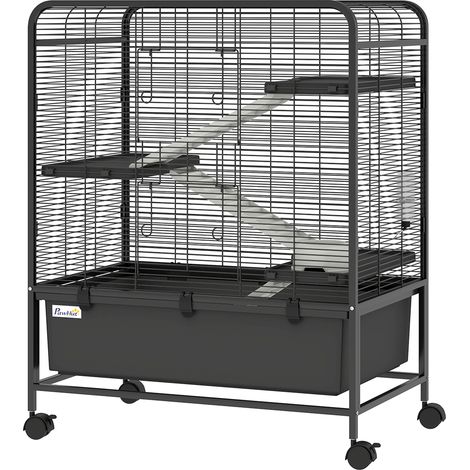 Gabbia per Conigli 75x46x94,5 cm a 4 Livelli con Piattaforme Rampe Ruote Serbatoio Acqua e Vassoio Rimovibile in Acciaio Nero (1/5)