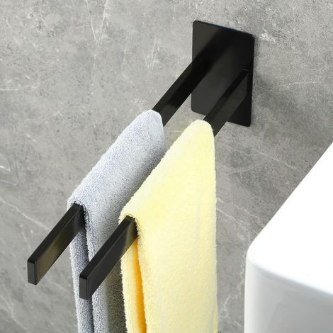 Porte-Serviette Mural sans Percage 38 cm - Barre à Serviettes en Acier Inoxydable Noir Mat, Installation Facile, Idéal pour Salle de Bain, Cuisine et Buanderie (1/5)