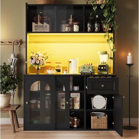 Buffet de cuisine 120x35x167 cm noir en MDF et panneaux de particules avec LED et étagères réglables (1/5)