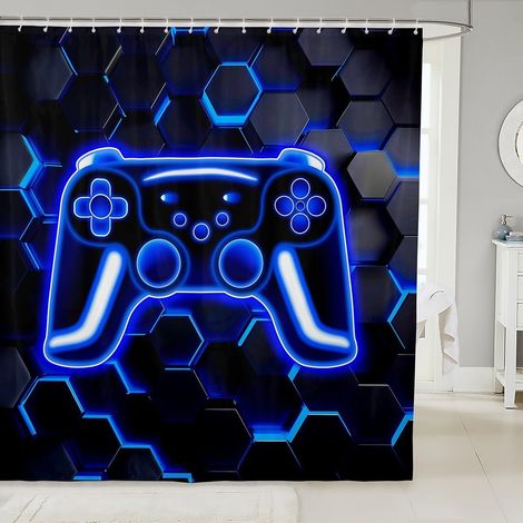 Rideau Douche 180x210cm Jeu, Rideaux de Douche Néon Honeycomb Gamer, Rideau de Baignoire Console de Jeu Rétro, Rideaux Salle de Bain Lumières Hexagonales Bleues,Gamer - 180L X 210H cm (1 Panneaux) (1/5)