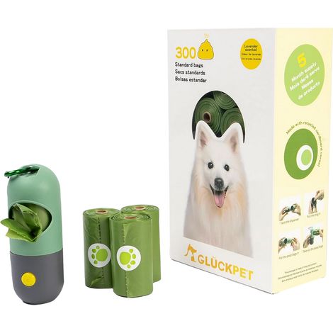 Sacchetti biodegradabili per escrementi di cane con dispenser, profumo di lavanda, 300 pezzi, Glückpet
