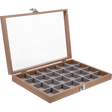 Boîte à bijoux en bois brun clair avec couvercle en verre transparent, idéale pour ranger et exposer boucles d'oreilles, bagues, colliers et autres bijoux. (1/5)
