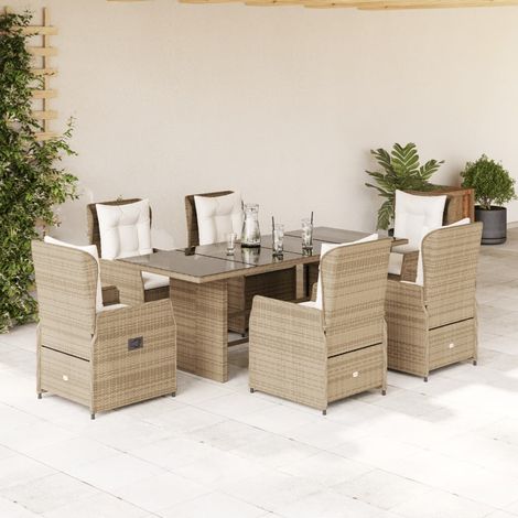 Ensemble repas jardin 7 pièces en poly rotin beige avec table et 6 fauteuils inclinables, 93kg - PANGIVO (1/5)