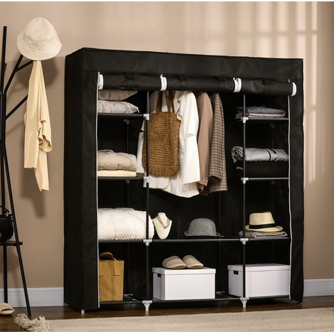 Armadio in tessuto con cerniera, 1 barra appendiabiti, 10 ripiani, 150 x 43 x 162,5 cm, nero (1/5)