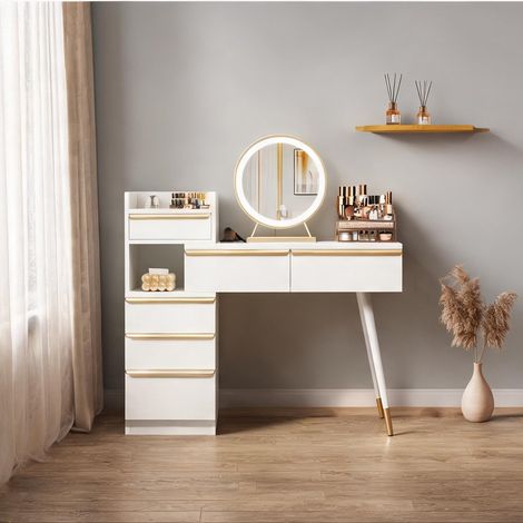 Coiffeuse blanche avec miroir LED et tiroirs 100 x 41,5 x 102 cm (1/5)