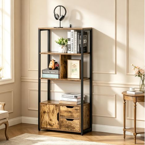 Libreria alta con ripiani, armadietto e 2 cassetti 58 x 24 x 122 cm nero e legno DESVIAE (1/5)