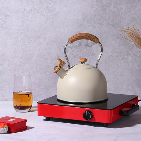 Bouilloire sifflante avec théière de pique-nique de cuisine avec manche en bois pour cuisinières à gaz à induction (1/5)