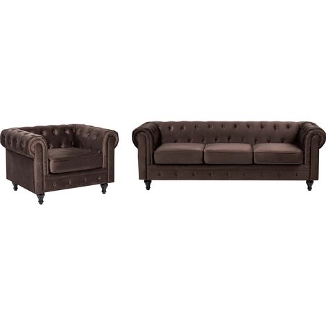 Conjunto de sala de estar Chesterfield clásico sofá de 3 plazas y sillón de terciopelo marrón oscuro Chesterfield
