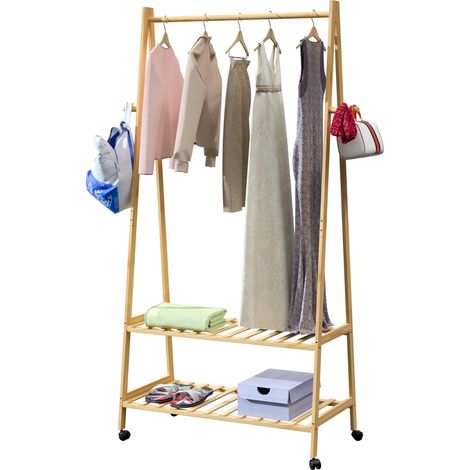 CASARIA® Perchero de Pie Ruedas 2 Estantes Burro Ropa Robusto 4 Ganchos Madera Bambú 155x70cm Dormitorio Pasillo Organizador Colgador Moderno Natural