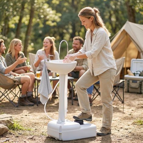 Évier de camping portable avec 2 roues, réservoir d'eau de 17 L et réservoir de savon de 2,5 L, 51 x 33,5 x 103 cm (1/5)
