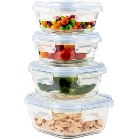 Set de 4 boîtes verre peu encombrantes avec couvercle bleu, micro-ondes/congélateur, conservation alimentaire (1/5)