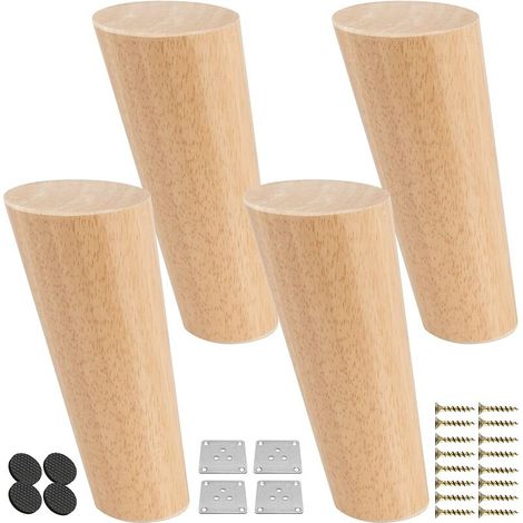 VURAHOME - 25CM Pieds De Meubles En Bois, 4 PCS Pieds De Table Inclinés Coniques Avec Plaque de Montage & Vis,Remplacement Pieds De Lit En Chêne Pour Canapé Chaise Cabinet Fauteuil Armoire,Naturel Ve (1/5)