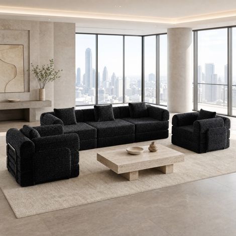 Divano letto singolo nero in ciniglia con vano nel bracciolo e struttura in acciaio,183,8x274x69,8 cm (1/5)