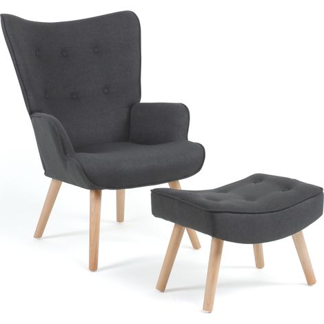 Idmarket – Fauteuil relax scandinave gris anthracite – Repose-pieds capitonné – Structure en bois clair – Dimensions 71x75x94,5 cm