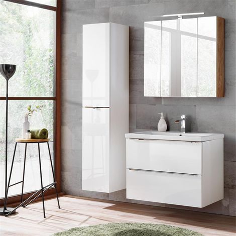 Badezimmermöbel Set mit 80cm Keramik-Waschtisch TOSKANA-56 Hochglanz weiß BxHxT ca. 135/190/46cm (1/5)
