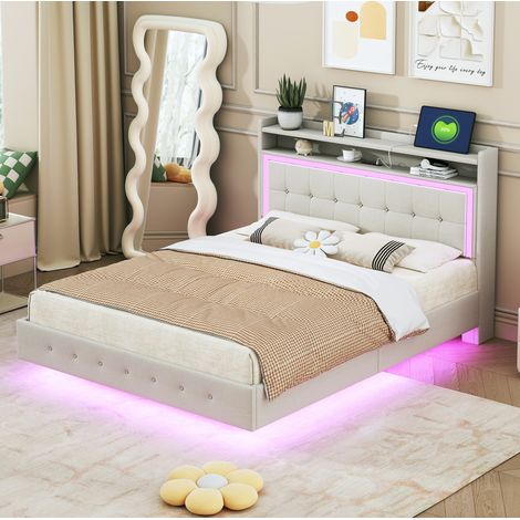 Lit double rembourré 140x200 cm, lit adulte avec éclairage LED et port USB, pieds de lit cachés, structure métal et sommier à lattes,tissu beige (1/5)