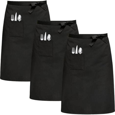 Tablier à sangle 3 pièces, tablier de service 70 x 70 cm, tablier de cuisine, traiteur, noir, tablier de barbecue avec poches, pour hommes et femmes, tablier de cuisine