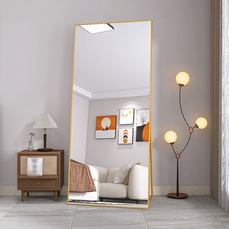 Miroir sur pied, 180x80cm, Rectangulaire, Grand miroir de sol, verre trempé, miroir mural, pour Salon, Entrée, Or