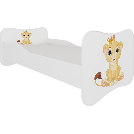 Lit enfant bois blanc imprimé petit roi lion 70x140 ou 80x160 - Sommier et matelas inclus - Ondula-80x160 (1/5)
