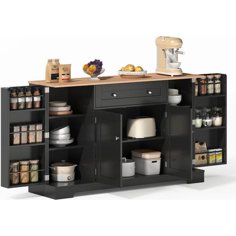 Desserte de Cuisine,Îlot Central Cuisine multifonction 138 cm,Meuble de rangement avec tiroir & 2 portes latérales 3 étagères chacune,Noir