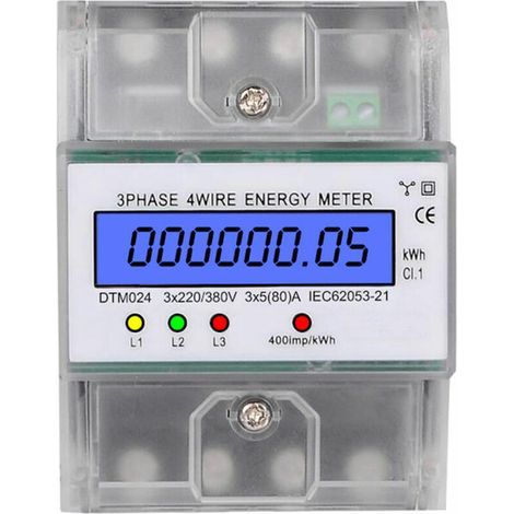 Medidor de energía trifásico de 4 hilos 220/380V 5-80A Consumo de energía kWh Montaje en riel DIN Medidor de energía eléctrica digital con pantalla LCD retroiluminada - (1/5)