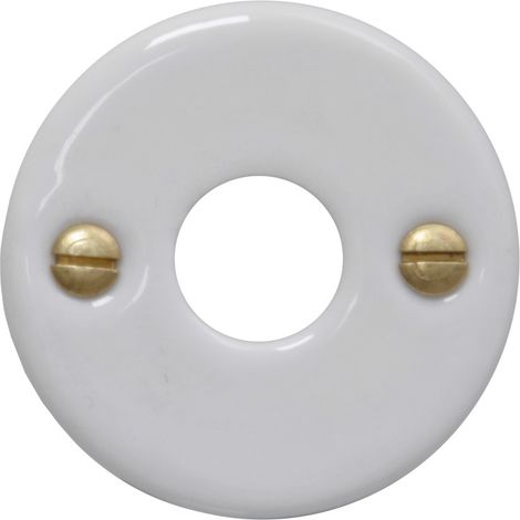 Rosace porcelaine 50 mm – Modèle bec de cane – Décor blanc – Livré avec visserie laiton poli – Pour porte – Merigous