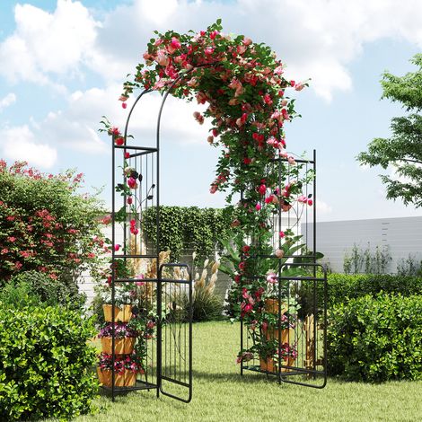 Arche de jardin en métal 221 cm avec portail, étagères porte-pots et treillis grimpants pour jardin, terrasse et mariage (1/5)