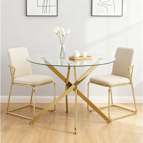 MEUBLIV Mesa de comedor redonda 80 cm dorada, cristal templado y patas ajustables (1/5)