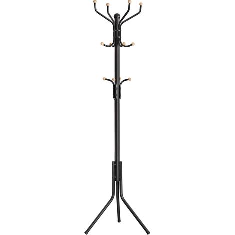 Perchero metálico para entrada, independiente, 182 cm, con 12 ganchos redondeados, para ropa, abrigos, sombreros y bolsos, color negro. (1/5)