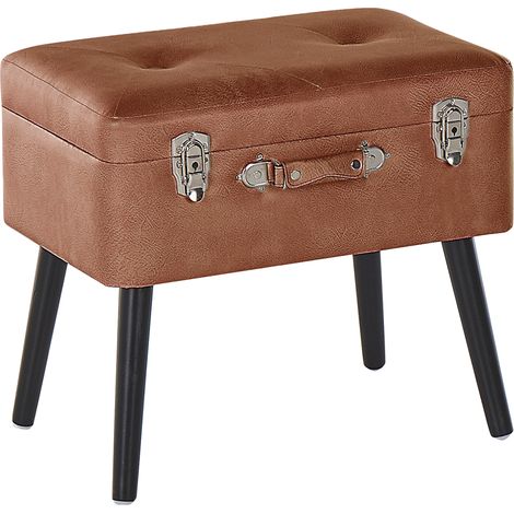 Taburete con almacenaje tapizado en piel sintética marrón con patas negras diseño de maleta abotonado Mallard (1/5)