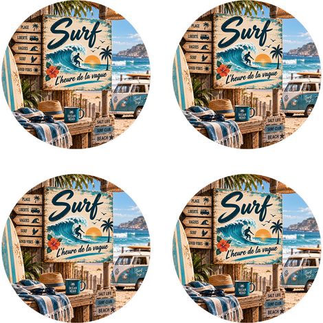 4 dessous de verre surf plage et van vintage 9,5 cm (1/2)