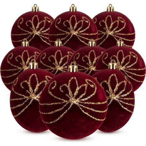 10 Palle per Albero di Natale grandi 10cm Velluto Bordeaux con Decorazioni  oro  Palla sfera natalizia' addobbi Bordò ghirlande Eleganti e particolari  arredo casa e locali commerciali (1/5)