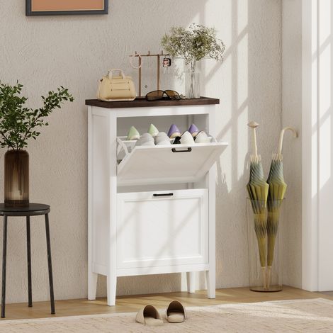 Étagère à chaussures de style campagnard avec 2 tiroirs abattants. Étagères réglables. Design blanc.