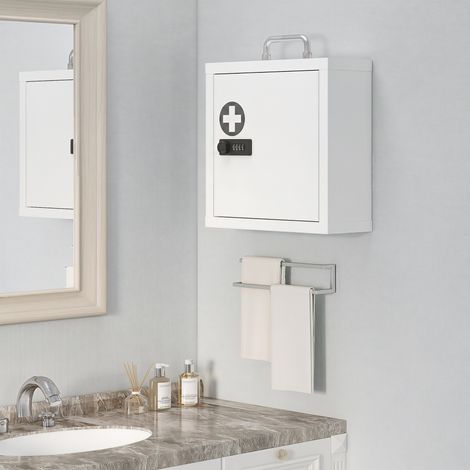 Armoire à pharmacie murale avec serrure à combinaison, armoire de premiers secours à 2 niveaux en acier inoxydable, blanche (1/4)