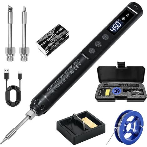Kit de Fer à Souder Sans Fil, Fer à Souder USB avec Ecran LCD, Fer a Souder Kit, Température Réglable de 200 à 450 °C, Fer a Souder Sans fil pour Réparation Soudage Brasage Quotidiens (1/5)