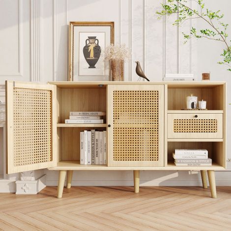 Credenza, cassettiera con 1 cassetto e 2 ante magnetiche, intreccio in rattan sui frontali delle ante, gambe in legno massiccio, maniglia con staffa in metallo nero, ripiani regolabili, rovere, 120x 4 (1/5)