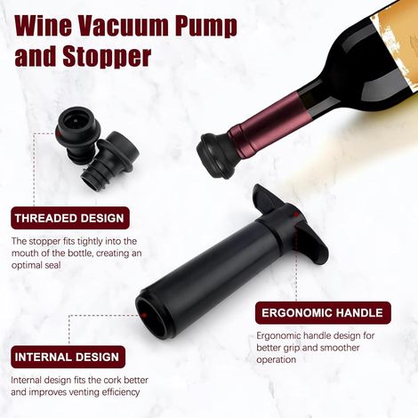 Pompa per vuoto per vino con 24 tappi, tappo per vino airless, tappo riutilizzabile per bottiglie di vino, accessori per vino, mantiene il vino fresco, 1 pompa per vuoto e 24 tappi per vino, nero (1/4)