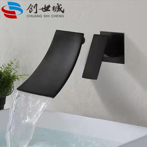 Robinet cascade encastré tout cuivre de style nordique pour lavabos et éviers, avec jet d'eau chaude et froide intégré - Version noire