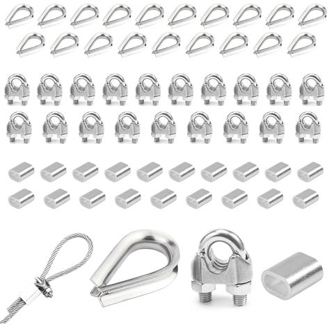 Lot de 60 colliers de serrage M3 - En acier inoxydable 304 - 20 colliers de serrage de 3 mm - 20 manchons en aluminium - Pour câbles métalliques, cordes à linge, accessoires de store (1/5)
