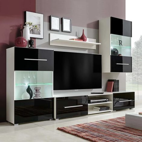 Meuble TV mural pour Salon - Armoire TV 5 pièces avec éclairage LED Noir BV233753 - BonneVie (1/5)