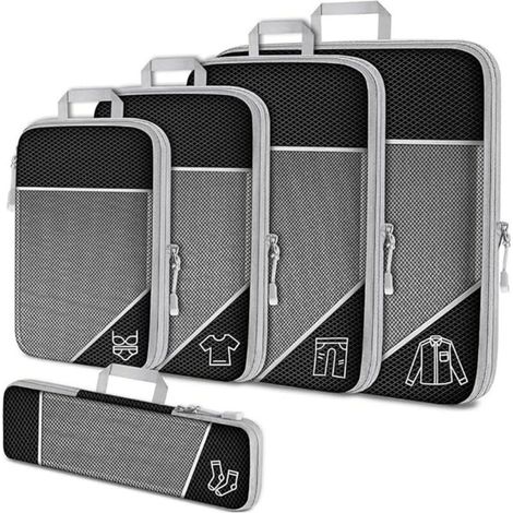 Noir Organisateur Valise Rangement Valise, Lot de 5 Ultraléger Extensible Organisateur, Packing Cubes Compression Sac Compression