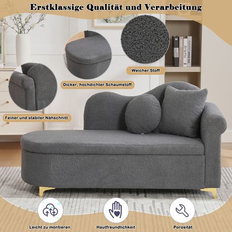 Chaiselongue multifonctionnelle avec espace de rangement, 134 cm, design moderne, dossier ondulé, tissu teddy peluche, coussin d’assise haute densité, avec coussin lombaire + coussin cervical (1/5)