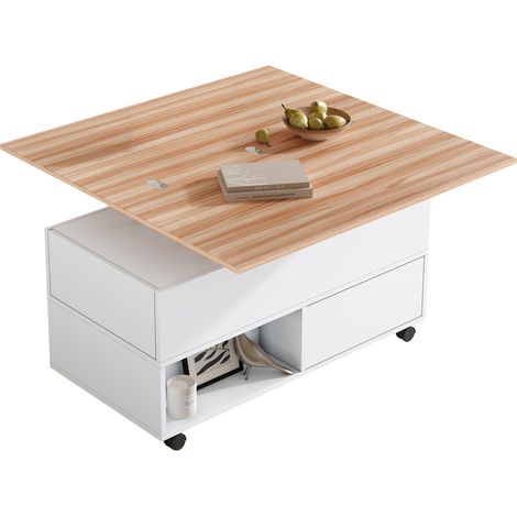 Table basse relevable à roulettes avec 4 tiroirs, 2 rangements ouverts et plateau extensible 100 x 100 cm, pour petit salon – CHICFURN (1/5)