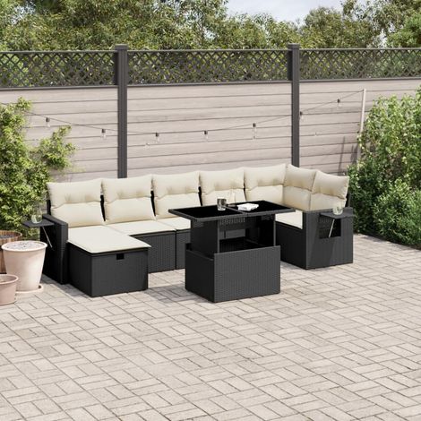 Ensemble de Jardin 8 Places en Résine Tressée Noir avec Coussins Crème - Salon Extérieur Modulaire avec Table Réglable (1/5)